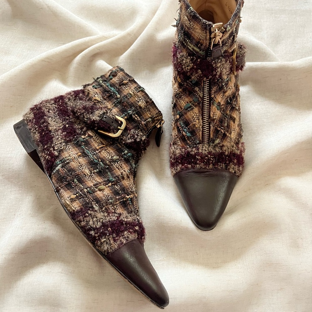 CHANEL Iconic Y2K Vintage Brown and Turquoise Tweed Ankle Zip-Up Booties EU 38.5
